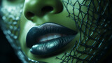 Macro and close-up creative make-up theme: beautiful female lips with a matte green lipstick