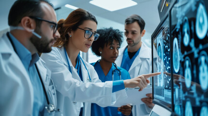 Poster - Group of medical professionals is intently examining a series of brain MRI scans displayed on a lightbox in a hospital or clinic setting.