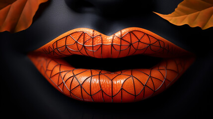 Wall Mural - Macro and close-up creative make-up theme: beautiful female lips with black and orange lipstick and a drop of blood, halloween