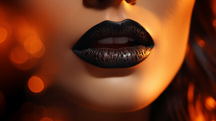 Macro and close-up creative make-up theme: beautiful female lips with black and orange lipstick and a drop of blood, halloween