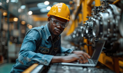 Wall Mural - Manufacturing Factory black male Mechanical Engineer Works on Personal Computer at Metal lathe industrial manufacturing factory. Engineer Operating lathe Machinery. African people.