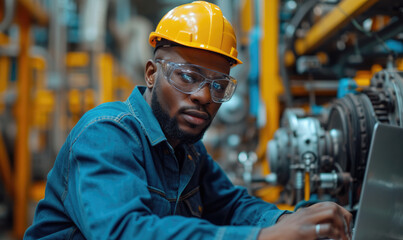 Wall Mural - Manufacturing Factory black male Mechanical Engineer Works on Personal Computer at Metal lathe industrial manufacturing factory. Engineer Operating lathe Machinery. African people.