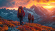A group of hikers with backpacks treks towards the setting sun amidst the majestic mountains, embarking on an epic journey.
