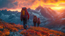 A Group Of Hikers With Backpacks Treks Towards The Setting Sun Amidst The Majestic Mountains, Embarking On An Epic Journey.
