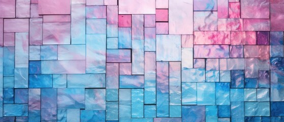 Wall Mural - Pink and blue abstract grunge glass square mosaic tile mirror wall, creating a textured background, Ai Generated