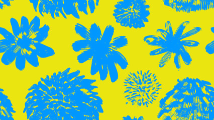 Wall Mural - Seamless pattern flowers hand drawn blue paint. Ink drawing Chamomile, leaves, small branches. Vector monochrome artistic botanical template. Daisy, aster, chrysanthemum. Flower silhouettes.