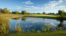 Enjoy The Serenity Of A Pond With A Scenic Golf Course Backdrop, A Harmonious Blend Of Recreation And Nature. Ai Generated.