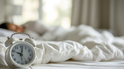 Poster - classic white alarm clock is on a bed with white linens, bathed in soft morning light with a blurred background suggesting a bedroom setting