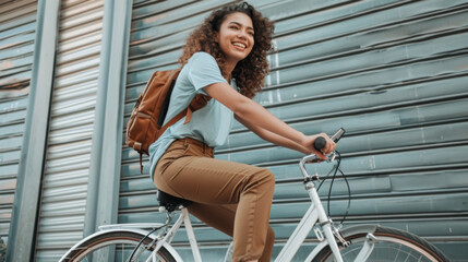 Poster - joyful woman with curly hair is riding a bicycle in front of a metal corrugated wall