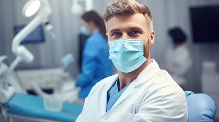 Wall Mural - Cheerful dentist man wearing a lab coat standing in a dental clinic with a dental chair and equipment in the background.