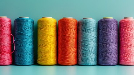 Wall Mural - Multi-colored sewing threads lie in a row on a minimalistic bright background