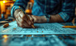 © STORYTELLER AI - Concept architects, engineer holding pen pointing equipment architects On the desk with a blueprint in the office, Vintage, Sunset light.Selective Focus