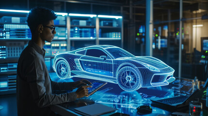 Wall Mural - man standing in a server room looking at a tablet, with a holographic projection of a car in front of him