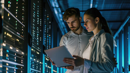 Wall Mural - Male and a female IT professional in a data center, with the woman holding a tablet and the man observing, likely collaborating on a task.