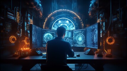 a person in cperson, computer, room, desk, chair, keyboard, monitor, technology, workspace, screen, officeomputer room 