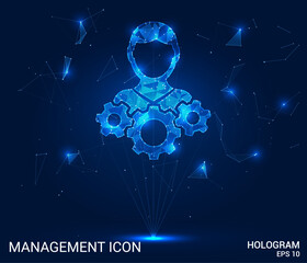 Wall Mural - Hologram management. The management icon consists of polygons, triangles of points and lines. The silhouette of the man and the gears are a low-poly joint structure. Technology concept vector.