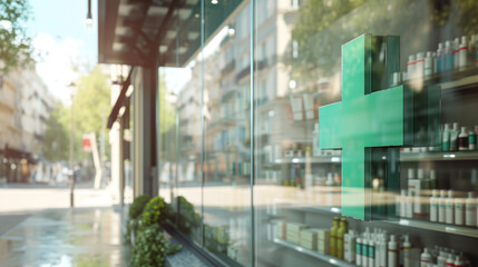 Pharmacy with a glowing neon cross sign in an urban setting, showcasing the pharmacy's exterior with shelves of products visible through the window.