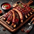 Hot grilled spare ribs with barbecue sauce on cutting board and black background