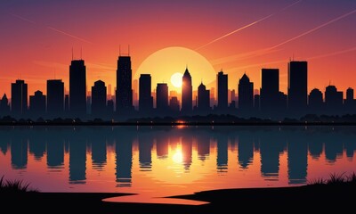 Wall Mural - A cityscape bathed in the warm glow of the sunset by ai generated