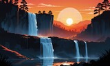 Fototapeta Do pokoju - A landscape featuring a waterfall against the backdrop of a sunset by ai generated