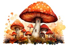 Beautiful Autumn Landscape With Mushrooms And House. Watercolor Illustration.