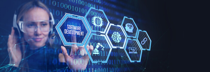 Wall Mural - inscription software development on the virtual display. business, modern technology, internet and n