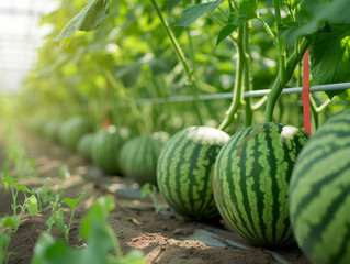 Wall Mural - Ripe watermelons on the vine in a farm field.