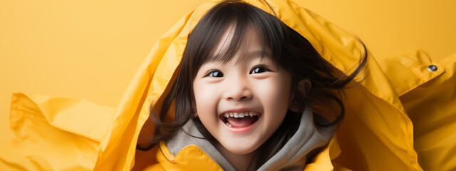Wall Mural - Portrait, studio and happy child pointing hand at space with a smile on face on yellow background. Young girl kid with happiness, carefree and positive attitude to show product placement mockup deal