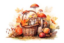 Watercolor Illustration Of Cute Little Hamster In A Wicker Basket With Autumn Leaves And Pumpkins.