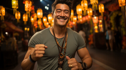 Wall Mural - A young adult man is dancing at a music festival on a beautiful summer night with the stage vibrantly lit behind him.