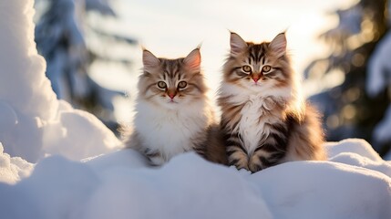 Wall Mural - a pair of Siberian kittens sitting in the snow