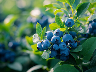 Canvas Print - Fresh blueberries on the bush with a backdrop of green leaves.