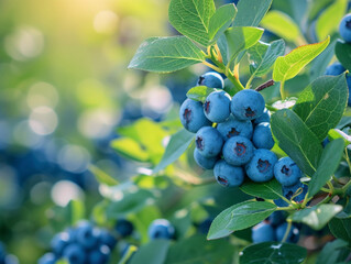 Canvas Print - Blueberries on the bush with a backdrop of green leaves.