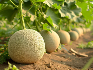 Wall Mural - Fresh cantaloupes on vine in a sunny melon patch.