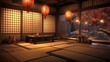 Traditional teahouse with tatami mats and the gentle glow of paper lanterns. Authentic, tranquil, elegance, calming ambiance. Generated by AI.