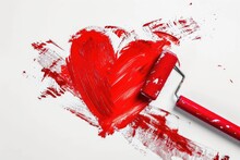 Love In Progress: Snapshot Of A Paint Roller Crafting A Vibrant Red Heart On A Blank Canvas. A Romantic Touch Emerges On A White Backdrop, Capturing The Essence Of Valentine's Day. Generated AI