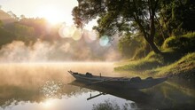 Amazing Morning Sunlight At Pang Ung Lake With Rowing Boat And Fog Floating Above The Water Surface, Pang Ung Travel Destination At Mae Hong Son Province Thailand