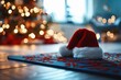 Close up of yoga mat with Santa Clause hat with home decorated for Christmas, New Year. Healthy lifestyle, weight loss, New Year's resolution, Generative AI 