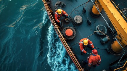 Ship crew on a cargo ship in a storm