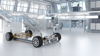 Electric car research and development with ev car with pack of battery cells module on platform in laboratory