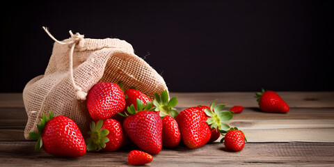 Wall Mural - Bursting Sweetness: Fresh Strawberry Delight in a Burlap Sack on Wood
