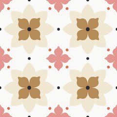 Wall Mural - Elegant modern seamless pattern with geometric floral tiles. Vector abstract texture in traditional ceramic tile style. Symmetrical background with flowers and dots