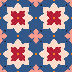 Wall Mural - Elegant modern seamless pattern with geometric floral tiles. Vector abstract texture in traditional ceramic tile style. Symmetrical background with flowers and dots