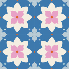 Wall Mural - Elegant modern seamless pattern with geometric floral tiles. Vector abstract texture in traditional ceramic tile style. Symmetrical background with flowers and dots