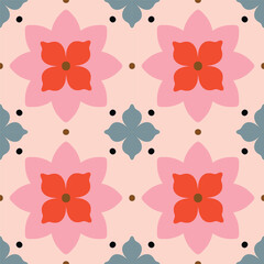 Wall Mural - Elegant modern seamless pattern with geometric floral tiles. Vector abstract texture in traditional ceramic tile style. Symmetrical background with flowers and dots