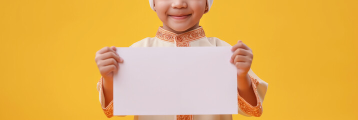 Wall Mural - muslim kids holding blank empty paper presenting something in copy space