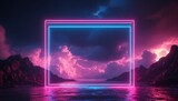 Fototapeta  - Abstract minimal background, pink blue neon light square frame with copy space, illuminated stormy clouds