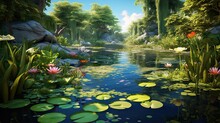 Pond Surrounded By Reeds And Lily Pads, Where Frogs Add To The Tranquil Allure, Creating A Peaceful Haven In Nature. Serene Pond, Reeds, Lily Pads, Frogs, Tranquil Allure. Generated By AI.