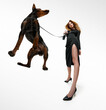 © Lustre Art Group  - Wide angle. Young woman in glamour dress owner of purebred Doberman puppy walking with him on leash against white studio background. Concept of fashion and style with pets, pet lovers, motion. Ad