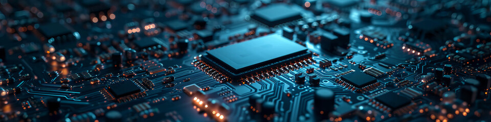 World of everything semiconductors. dark blue background, wide angle